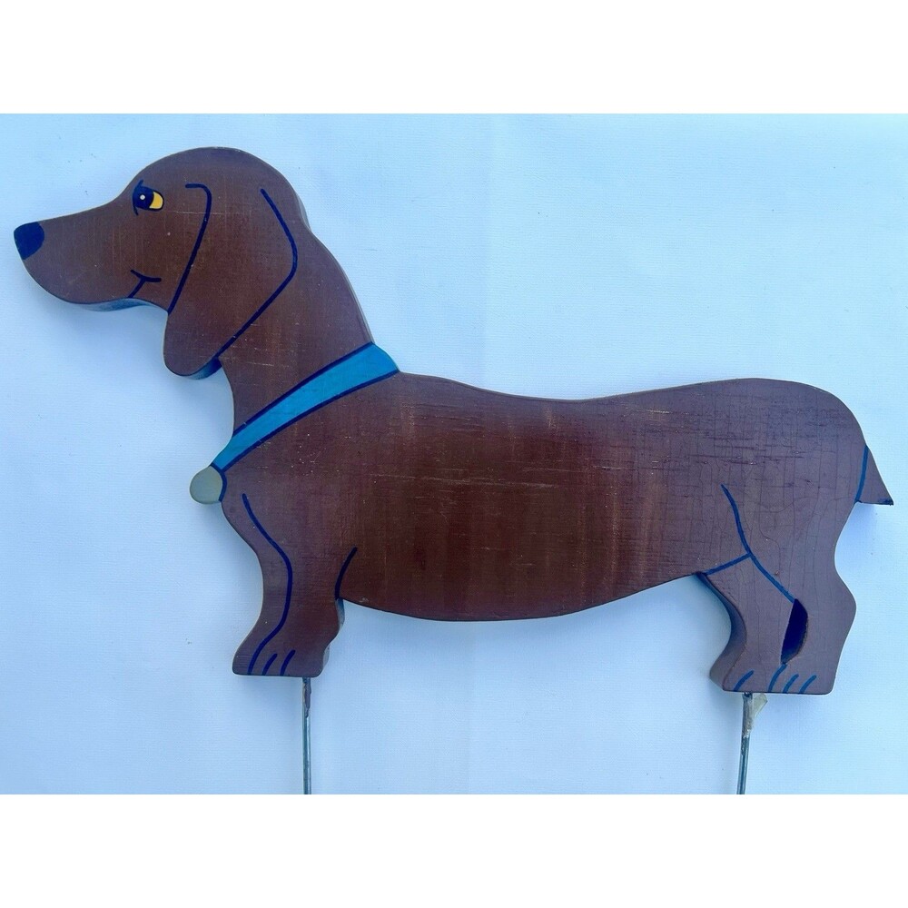 Vintage 1970s Hand-Painted Wooden Dachshund Garden Stake Wiener Dog Garden